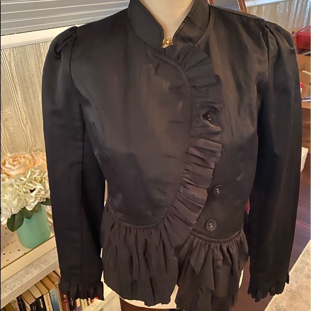 Anthropologie *Chic* Parisienne-style Black Nylon Jacket Ruffle Coat S